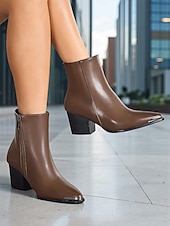 Недорогие Ботильоны-Женские коричневые ботильоны с острым носком из искусственной кожи – ботильоны в стиле вестерн на среднем каблуке с металлическим носком и молнией сбоку, повседневная осенняя обувь для городского уличного стиля и офисных нарядов