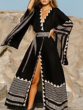 preiswerte Ausgefallene Kleider-Langes Damenkleid Maxikleid Boho-Kleid Freizeitkleid Swing-Kleid Sommerkleid Vintage Urlaub Alltag Strand Regular Fit Geometrisch 3/4-Ärmel V-Ausschnitt Schwarz Sommer Frühling Herbst