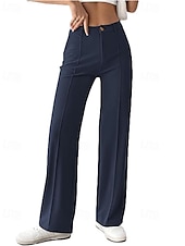 baratos calças sociais femininas-Mulheres Social Perna larga Calças Moda Roupa de rua Comprimento total Cintura Alta Tecido Bolsos Respirabilidade Confortável Rua Roupa Diária Para Noite Preto Azul Marinha Damasco Cinzento Primavera