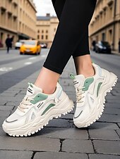 お買い得  レディーススニーカー-レディースのチャンキーな白と緑のスニーカー - 通気性のあるメッシュのレースアッププラットフォームトレーナー、ウォーキング、旅行、ストリートウェアに最適なカジュアルスポーツランニングシューズ