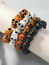 baratos Acessórios de Halloween-Pulseira masculina de contas de caveira de Halloween – pulseira punk gótica de resina elástica para festas, cosplay e fantasias