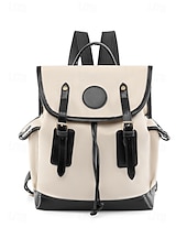 cheap College Backpacks-Women&#039;s Vintage Faux Leather Trim Backpack - Waterproof Canvas Preppy School Bag with Drawstring Closure for Teenage Girls, Students and Daily Use