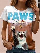cheap Animals tee-Women&#039;s T Shirt Graphic Cat Letter Vintage Stylish Classic Short Sleeve Crew Neck Regular Tops Daily Weekend Print Blue Purple Green Khaki Summer Spring