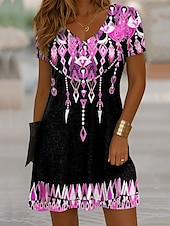 Dames Mini-jurk T shirt jurk Zonnejurk Vakantie Casual Boho Uitgaan Normale pasvorm Grafisch Paisley Abstract Korte mouw V-hals Blozend Roze blauw Paars Oranje Zomer Lente voordelige Boho Jurken-Dames Mini-jurk T shirt jurk Zonnejurk Vakantie Casual Boho Uitgaan Normale pasvorm Grafisch Paisley Abstract Korte mouw V-hals Blozend Roze blauw Paars Oranje Zomer Lente