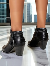 abordables Cowboy et bottes occidentales-Bottines en similicuir noir pour femme avec bride tressée à pompon - Bottines à talons épais de style western confortables pour les tenues d&#039;automne, les looks bohèmes et les tenues de tous les jours