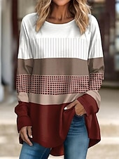 billige Stripe og geometrisk t-skjorte-Dame T skjorte Grafisk Geometrisk Årgang Stilfull Fritid Langermet Crew-hals Lange topper Daglig Trykt mønster Vin Blå Brun Vår Høst