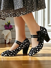 abordables Années 1950-Escarpins Mary Jane roses à pois pour femmes des années 1950 – de jolis escarpins rétro à talons carrés et brides à nœud pour les fêtes, les goûters et les tenues d&#039;inspiration vintage