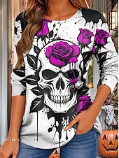 billige Kunst &amp; Design t-skjorte-Halloween Dame T skjorte Grafisk Hodeskaller Rose Årgang Stilfull Klassisk Langermet Crew-hals Vanlige topper Daglig Trykt mønster Rød Lilla Oransje Grønn Vår Høst