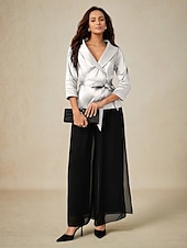 billiga Dressiga toppar-Dam Blus Kvällstoppar Elegant Metallisk Stylish 3/4 ärm V-hals Vanliga toppar Bröllopsgäst Kvällsfest Semiformell knyt fram Vit Vår, Höst, Vinter, Sommar