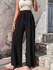 billiga breda ben och hög midja-Dam Brett skaft Byxor Palazzo byxor Mode Streetwear Fullängd Hög midja Slät Elastisk midja Mateial som andas Bekväm Gata Dagliga kläder Utekväll Svart Vår Höst Normal