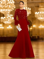 cheap RED-Red Black Tie Sequin Mermaid Evening Gown Elegant Dress Formal Wedding Floor Length Long Sleeve Crew Neck Stretch Crepe with Feather