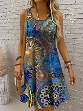 preiswerte Boho Kleider-Damen Minikleid Sommerkleid A Linie Kleid Urlaub Lässig Boho Party Ferien Date Normale Passform Grafik Geometrisch Boho Paisley Damast Ärmellos U-Ausschnitt Rundausschnitt Rote Blau Purpur Grün