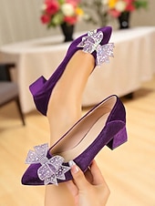 voordelige Pumps met blokhak-Blauwe fluwelen pumps met blokhak en strass-strik voor dames - elegante vintage pumps met vierkante neus voor avondfeesten, bruiloften en formele gelegenheden