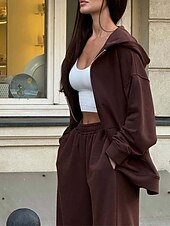 abordables Survêtements pour femmes-Femmes Mode Streetwear Survêtement Ensembles de Pantalons manche longue À capuche Uni Fermeture éclair Tenue quotidienne Date Rose Claire Rouge Bordeaux Beige Printemps &amp; Automne Coupe régulière
