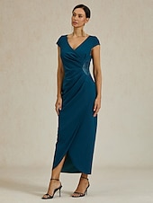 abordables Robe de cocktail-Femmes Robe maxi Robe fourreau Élégant Coupe régulière Couleur Unie Manche Courte Col en V Bleu Encre Été Printemps