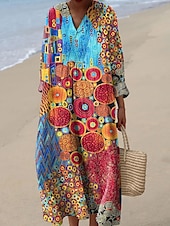 billiga Konst och design klänningar-Dam Midiklänning Solklänning A linjeklänning Semester Ledigt Boho Fest Strand Lös passning Nyans Grafisk Geometrisk Långärmad V-hals Gul Blå Orange Brun Sommar Vår Höst
