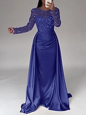 economico Champagne-Abito da sera sirena in paillettes abito in satin champagne arricciato maniche lunghe masquerade lunghezza fino al pavimento scollo illusion con perle gonna sovrapposta