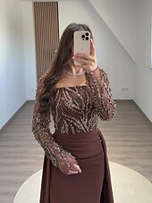 preiswerte Abendkleider-Abendkleid mit schwarzer Krawatte, Perlenbesatz, Spitze, abnehmbarer Überrock, elegantes Kleid, formelle Hochzeit, Schleppe, lange Ärmel, quadratischer Ausschnitt, mit Pailletten und gerüschten Perlen