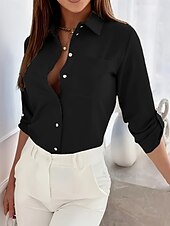 preiswerte Damen Einfache Oberteile-Damen Hemd Einfarbig Stilvoll Lässig Langarm Hemdkragen Normale Oberteile Täglich Knöpfe Schwarz Himmelblau Fuchsie Braun Khaki Sommer Frühling Herbst
