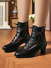 tanie Wiktoriański i Edwardiański-damskie czarne, koronkowe botki w stylu edwardiańskim - vintage'owe, siateczkowe, sznurowane, wiktoriańskie botki na średnim obcasie, idealne do mody gotyckiej, cosplayu i strojów w stylu lat 1900.