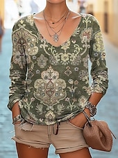 ieftine tricou boho-Pentru femei Bluză Floral Boemia Zilnic Manșon Lung În V Topuri obișnuite Zilnic Concediu Imprimeu Negru Alb Roșu-aprins Bleumarin Verde Smarald Vară Primăvară Toamnă