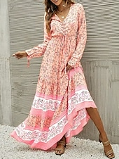 economico Abiti boho-Per donna Vestito maxi Abito casual Vestito svasato Abito Boho a maniche lunghe Abito linea A Boemia Informale Da mare Giornaliero Standard Floreale Manica lunga A V Giallo Rosa Blu Primavera Autunno