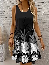 abordables Robes fleuries-Femmes Mini Robe Robe d&#039;Été Robe trapèze Robe d&#039;été Vacances Occasionnel Coupe régulière A Ombre Fleuri Graphique Sans manches Col en U Col Rond Noir et Blanc Marron foncé Rouge Bleu Été Printemps