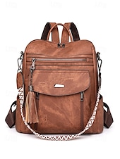 abordables Sacs à Dos de Mode-Sac à dos convertible en similicuir pour femme – Sac à bandoulière vintage multi-poches avec pompon pour les déplacements quotidiens, les voyages et le travail