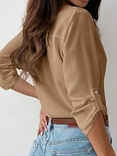 preiswerte Damen Einfache Oberteile-Damen Hemd Einfarbig Stilvoll Lässig Langarm Hemdkragen Normale Oberteile Täglich Knöpfe Schwarz Himmelblau Fuchsie Braun Khaki Sommer Frühling Herbst