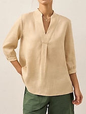 billige Kvinne Enkle Topper-Dame Bluse Helfarge Elegant Fritid Langermet V-hals Vanlige topper Daglig Ferie Knapper Hvit Rosa Blå Kakifarget Vår Høst