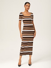 olcso Virágos ruhák-Nő Kötött ruha Barna Rövid ujjú Csíkos Nyár Ősz Elegáns Bodycon S M L
