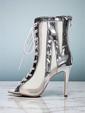 baratos Sapatos de Dança Latina-Botas de dança de salto alto com cadarço branco e prata para mulheres - sapatos profissionais de dança de jazz latino com biqueira aberta para palco e festa