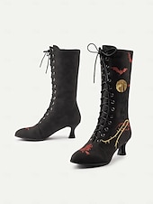 levne Pro ženy-Dámské gotické halloweenské vyšívané šněrovací boty - vintage styl černého kostýmu čarodějnice z roku 1900, podpatky do půli lýtek pro cosplay, večírky a tematické akce