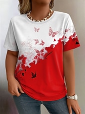 cheap Plus Size T Shirts-Women's Plus Size Tops T Shirt Graphic Butterfly Print Short Sleeve Crew Neck Casual Daily Knit Summer Spring Black Red