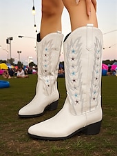 cheap Cowboy &amp; Western Boots-Women&#039;s Brown Western Cowboy Boots with Star Embroidery - Comfortable Block Heel Ankle Boots for Country Music Festivals, Outdoor Events, and Everyday Wear