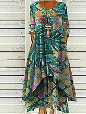preiswerte Druck Blumen Kleider-Damen Langes Kleid Maxikleid Freizeitkleid Druckkleid Mode Modern Täglich Strand Wochenende Normale Passform Grafik Dreiviertelarm V Ausschnitt Schwarz Blau Grün Frühling Herbst