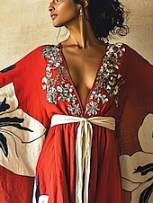 tanie Sukienki boho-damska długa sukienka maxi sukienka boho sukienka na co dzień sukienka rozkloszowana sukienka letnia vintage wakacje codzienna plaża regularny krój kwiatowy 3/4 długości rękaw dekolt w serek czerwony lato wiosna jesień