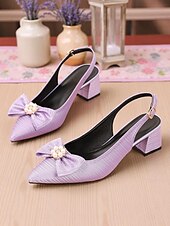cheap Block Heels-Women&#039;s Lavender Slingback Heels with Pearl Bow - Satin Textured 1950s Vintage Style Low Block Pumps for Weddings, Garden Parties, and Spring Outfits