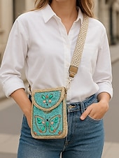 economico Borse a Tracolla-Borsa a tracolla con perline da donna con design a farfalla colorata, stile bohémien, borsa a tracolla casual e da viaggio per donna, perfetta per spiaggia, vacanze e gite estive