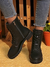 baratos Botas de tornozelo-Botas de combate femininas de couro sintético marrom com zíper lateral – botas de cano curto com cadarço para trabalho ao ar livre no outono, tarefas agrícolas e uso casual diário