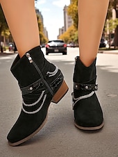 abordables Bottines-Bottines en daim marron pour femmes avec chaîne et ceinture - bottines à talons épais de style western tendance pour les tenues décontractées et les sorties d&#039;automne