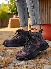cheap Combat Boots-Women&#039;s Tie-Dye Canvas Work Boots with Chunky Sole – Casual Lace-Up Outdoor Boots for Harvest Festival, Farm Work and Fall Outings