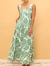 billiga Blommiga klänningar-Dam Maxiklänning A linjeklänning Slipklänning Semester Ledigt Boho Utomhus Utekväll Normal Blommig Ärmlös Halterneck Vit Gul Blå Orange Sommar Vår