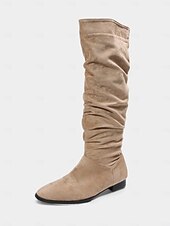 olcso Slouch Boots-női bő, térdig érő, lapos csizma - bézs művelúr retró stílusú, őszi divatos csizma hétköznapi viseletre és kosztümökbe