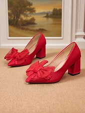 お買い得  1950年代-女性用 ヒール ワーク 日常 リボン チャンキーヒール ポインテッドトゥ エレガント ウォーキング サテン ローファー ブラック レッド