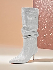 abordables Fête de la Vie Nocturne-Bottes mi-mollet souples à strass bleus pour femmes - Bottes de soirée à bout pointu et talon chaton pour la vie nocturne et les tenues de soirée