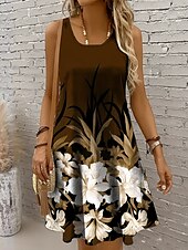 abordables Robes fleuries-Femmes Mini Robe Robe d&#039;Été Robe trapèze Robe d&#039;été Vacances Occasionnel Coupe régulière A Ombre Fleuri Graphique Sans manches Col en U Col Rond Noir et Blanc Marron foncé Rouge Bleu Été Printemps