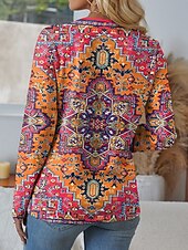 tanie T-shirt boho-Damskie Podkoszulek Graficzny Geometryczny Zabytkowe Elegancki Codzienny Długi rękaw Karbowana szyja Zwykłe topy Codzienny Nadruk Żółty Niebieski Fioletowy Pomarańczowy Lato Wiosna Jesień