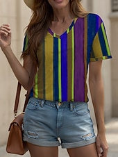 ieftine Tricou cu dungi și geometric-Pentru femei Tricou Grafic Geometric Dungi Epocă Stilat Clasic Manșon scurt În V Topuri obișnuite Zilnic Imprimeu Galben Roșu-aprins Albastru piscină Mov Trifoi Vară Primăvară