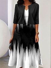 abordables Art &amp; Design Robe-Ensemble de robes pour femmes en deux pièces robe midi avec veste élégante robe en A manches mi-longues robe décontractée semi-formelle imprimé graphique ombragé encolure en V rendez-vous noire rose